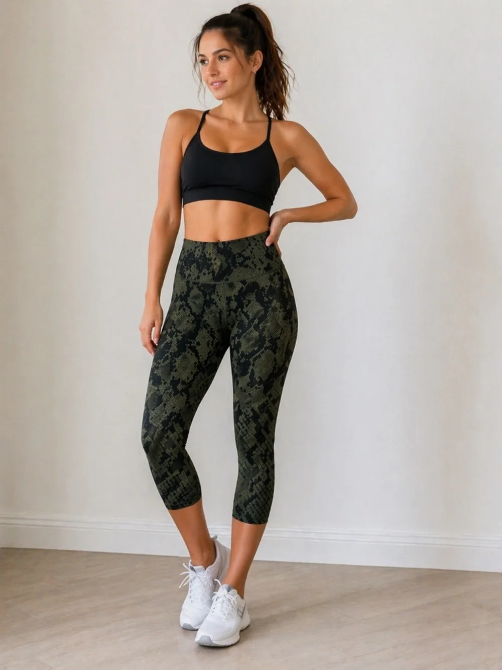 lululemon athletica Olive Green & Black Snake Print Capri Leggings - Picture 1 of 7